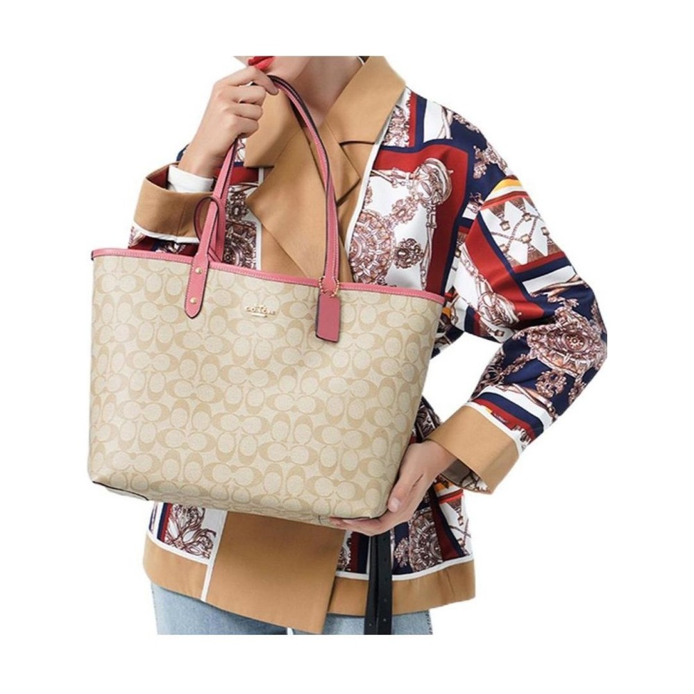Canvas With Leather Tote Bag Shopping Bag Combo Bag Handbag Shoulder Bag Large Women S Khaki Pink