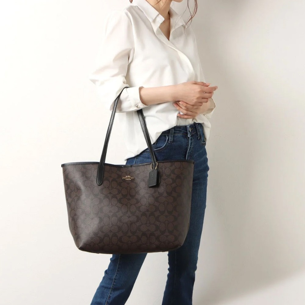 City 33 Tote Monogram Shoulder Bag Large Canvas Brown Black Women S