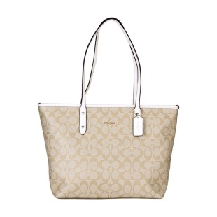 City Zip Tote Canvas Coated With Leather Tote Bag Shopping Bag Handbag Shoulder Bag Women S Light Khaki