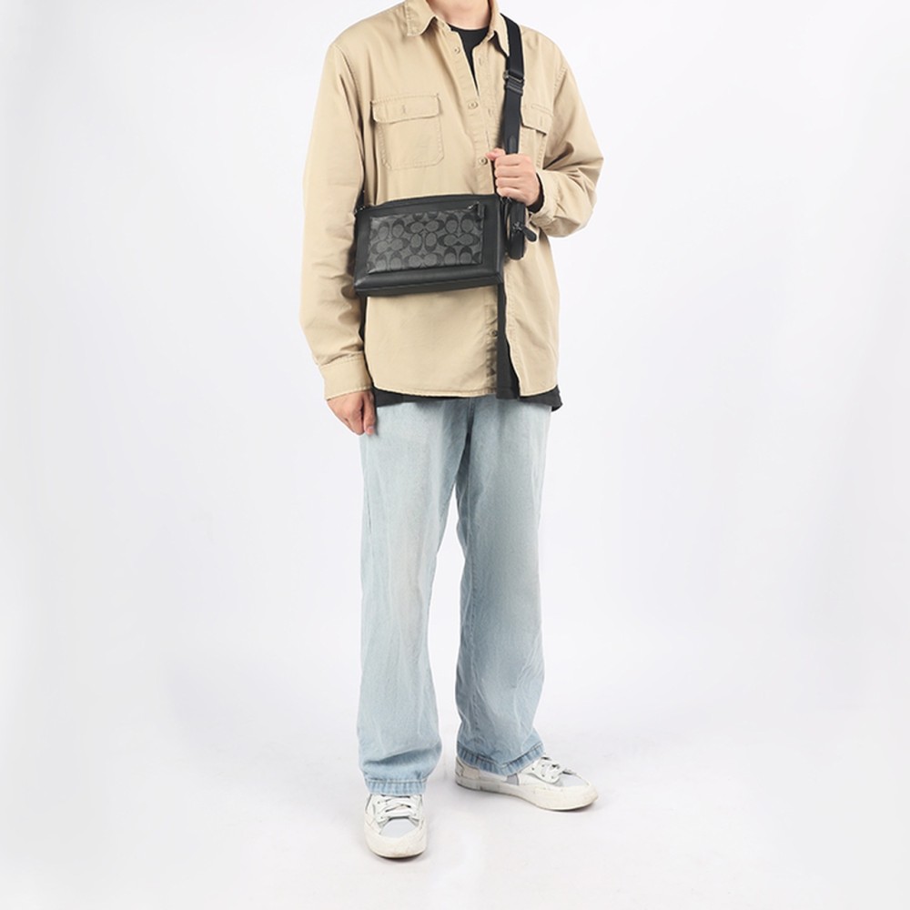Holden Coated Canvas With Leather Combo Bag Shoulder Bag Crossbody Bag Medium Size Men S Brown Black