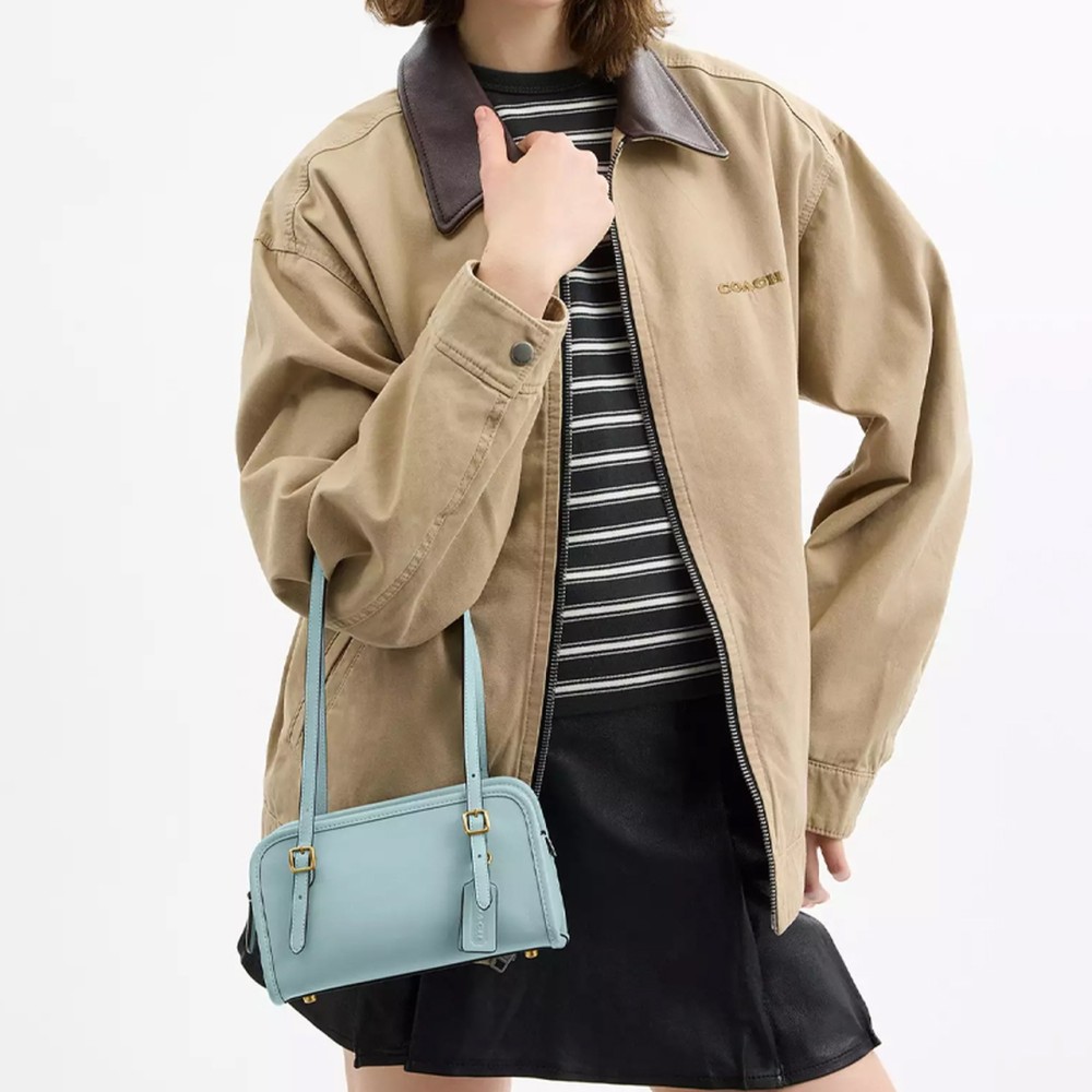 Swing Zip Crushed Leather Shoulder Bag Small Women S Brass Light Blue