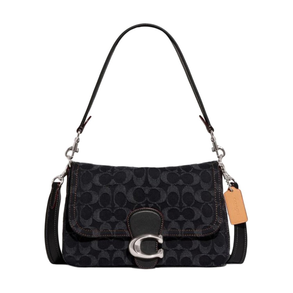 Soft Tabby Fabric With Cow Leather Shoulder Bag Crossbody Bag Medium Women S Black