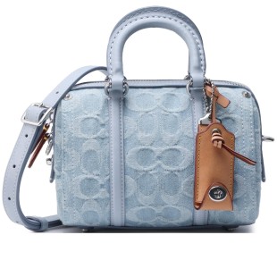 Ruby Fabric With Cow Leather Boston Bag Shoulder Bag Crossbody Bag Handbag Small Size Women S Blue