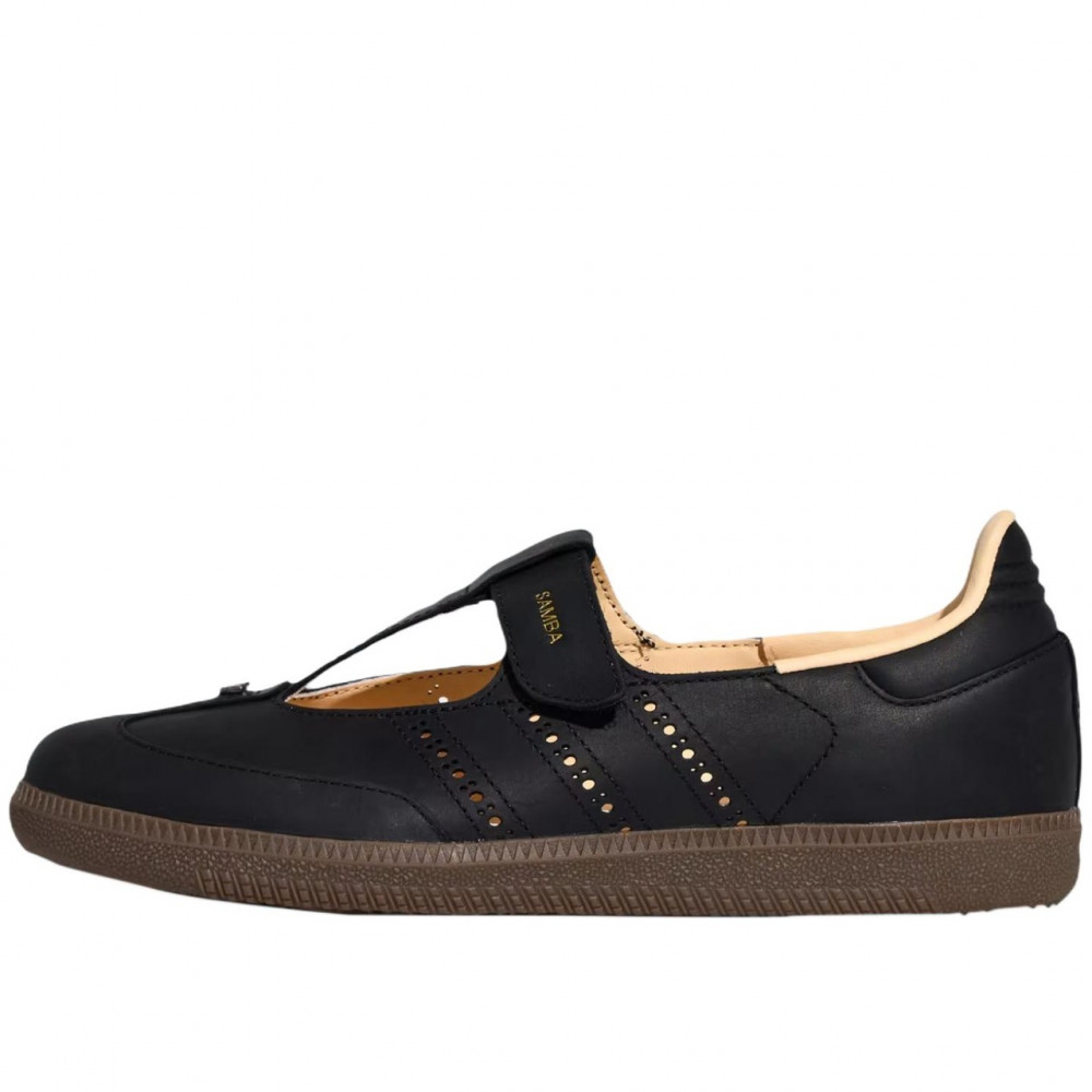 Samba Jane Black Flat Hook And Loop Leather Low Heel 3cm Round Tip Kj3970