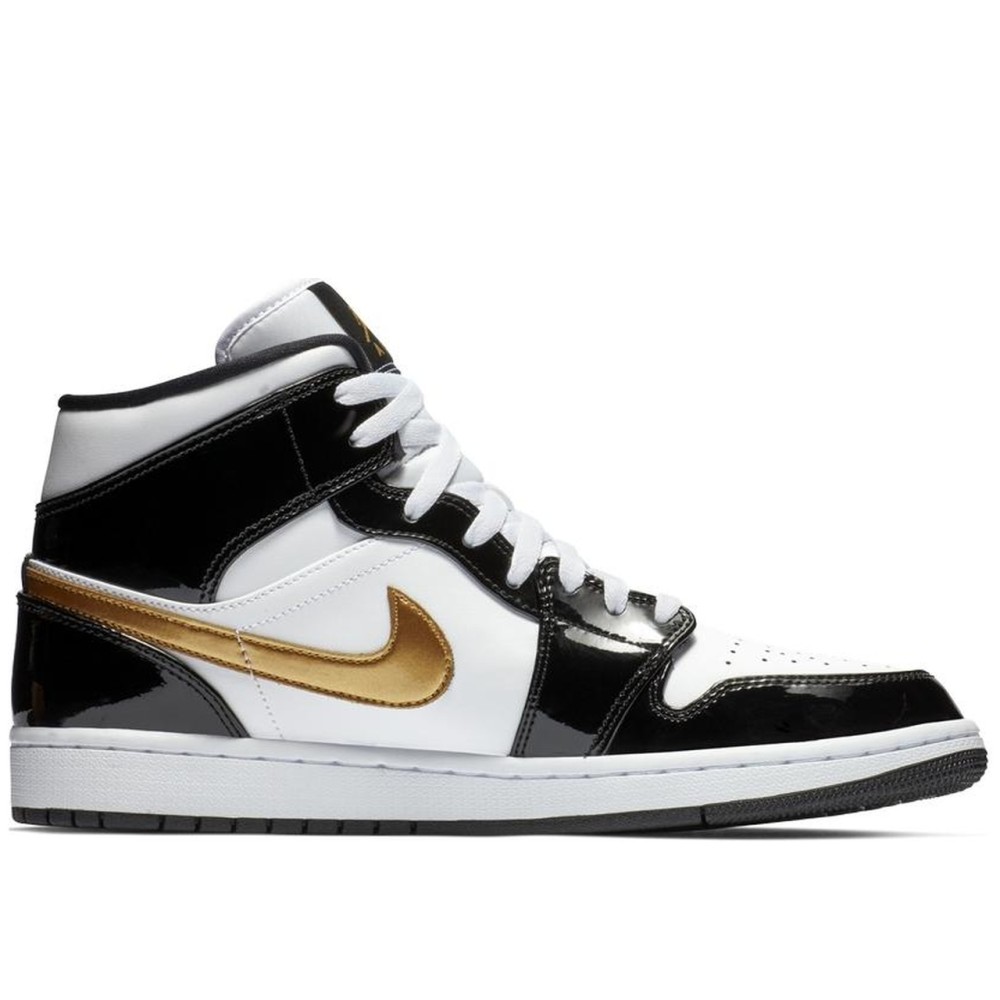 Air Jordan 1 Mid Patent Black White Gold