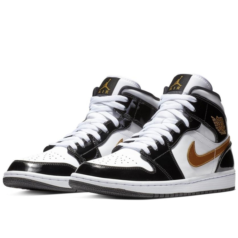 Air Jordan 1 Mid Patent Black White Gold