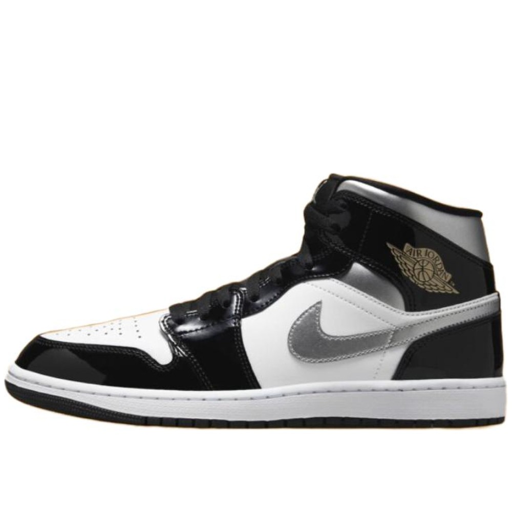 Air Jordan 1 Mid SE Patent Black White Metallic Silver Metallic Gold